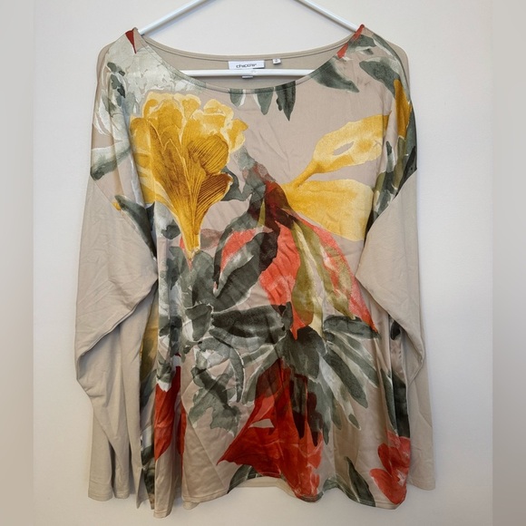 Chico's Women’s Satin Garden Long Sleeve Tee Size 3 XL Beige Floral Scoop Neck - Picture 4 of 8
